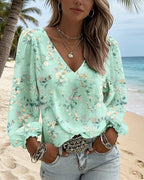 Blusa Floreale Scollo a V Maniche a sbuffo