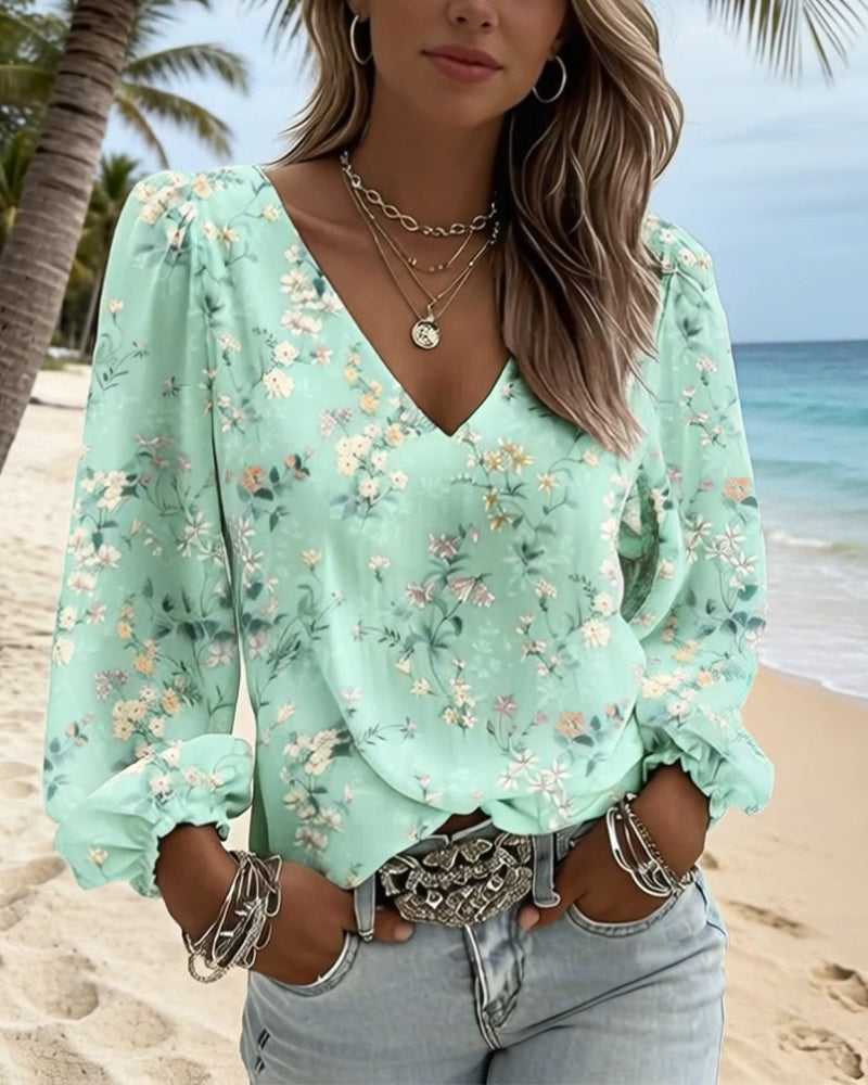 Blusa Floreale Scollo a V Maniche a sbuffo