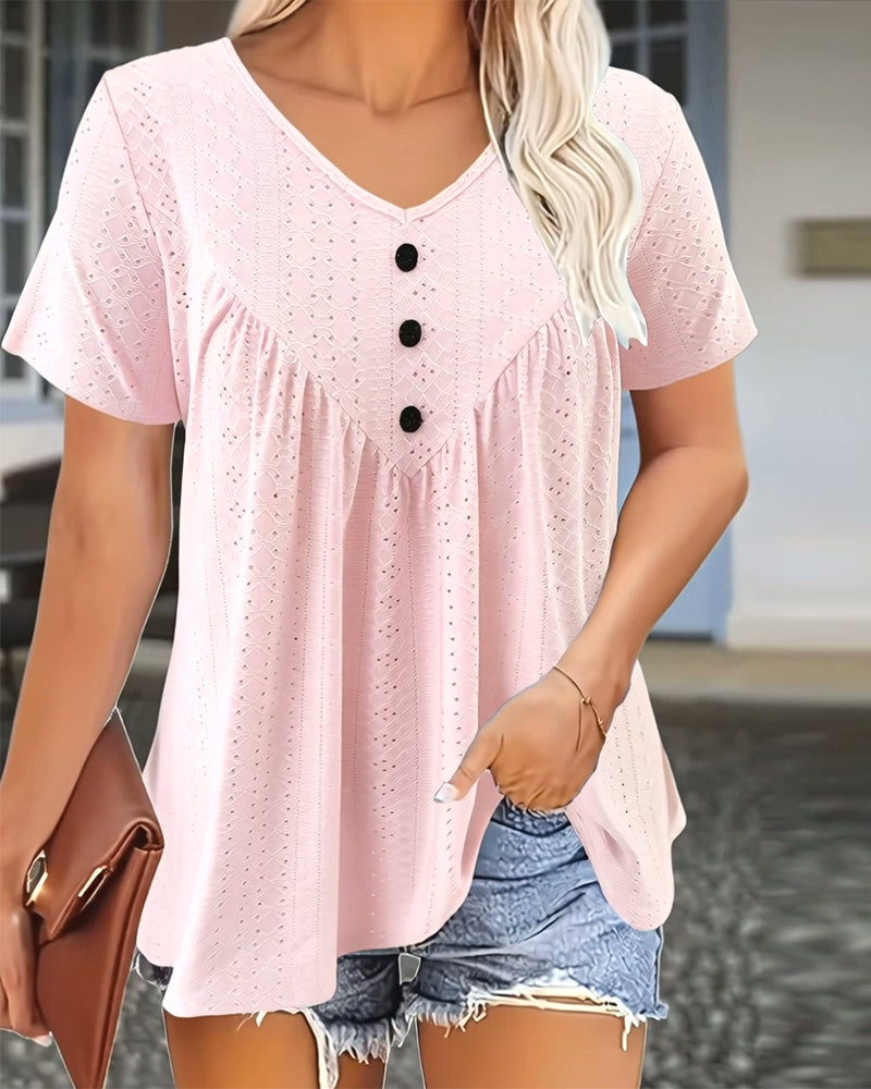 T-shirt casual scollo a V intagliato maniche corte