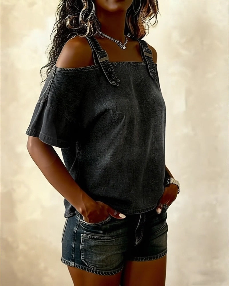 Camicetta a spalla scoperta in denim con bretelle