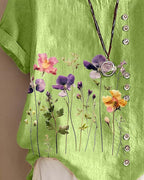 T-shirt floreale con stampa, girocollo, manica corta