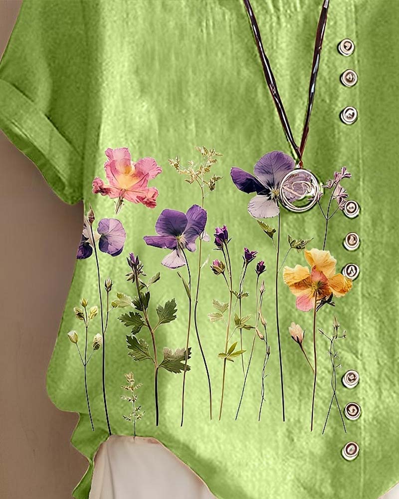 T-shirt floreale con stampa, girocollo, manica corta