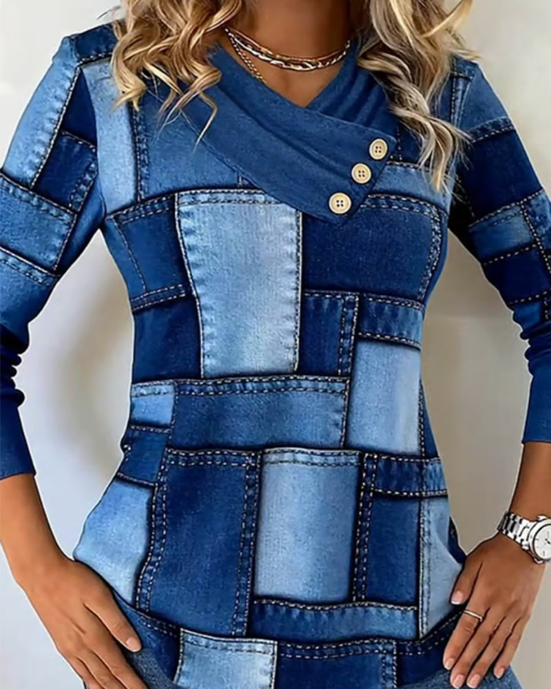 Maglia a maniche lunghe con scollo a V e contrasto in tinta unita