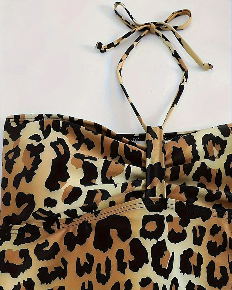 Tankini con scollo all'americana e schiena scoperta, linea ad A, stampa leopardata triangolare