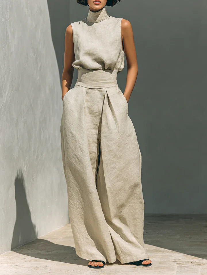 Flor™ | Completo minimalista da donna con top senza maniche e pantaloni a gamba larga in cotone e lino