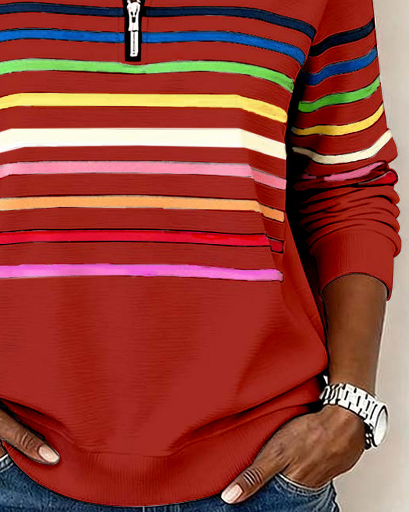 Felpa con mezza zip e strisce arcobaleno alla moda