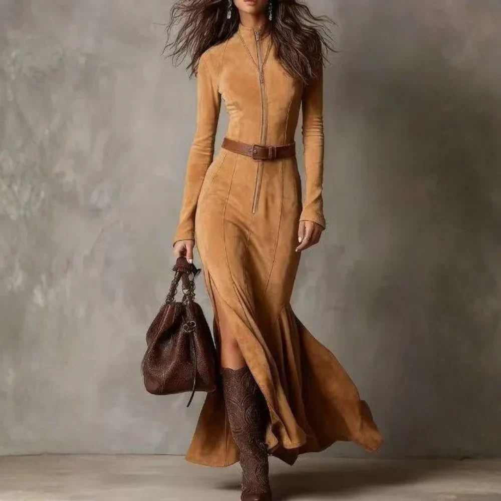 Maria - Vestito lungo in camoscio elegante con spacco e cintura