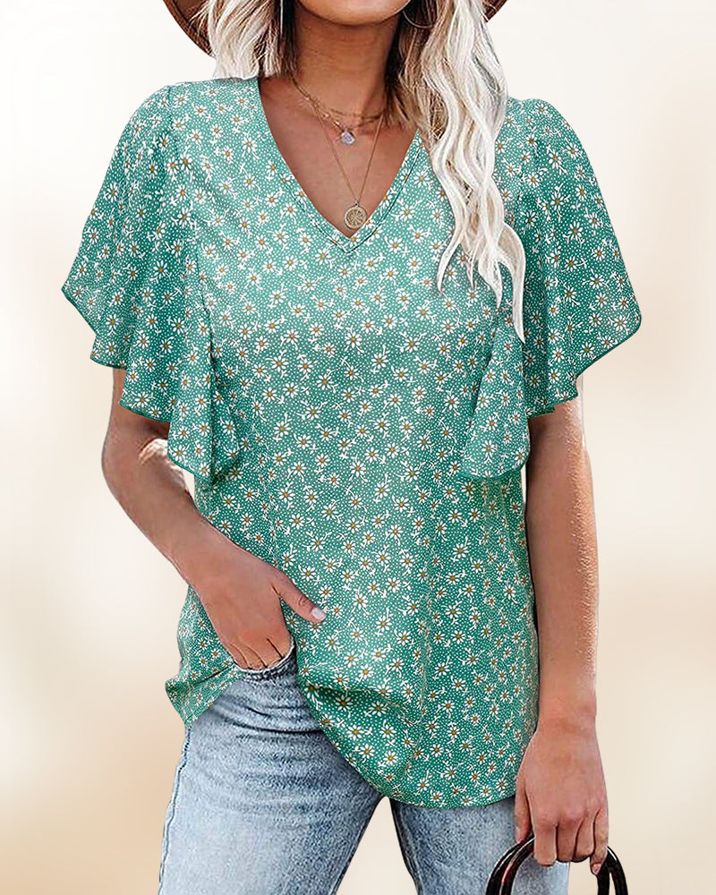 Camicia plissettata a maniche corte e scollo a V