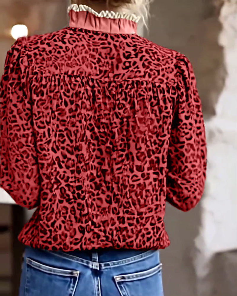 Camicetta casual a maniche lunghe con stampa leopardata