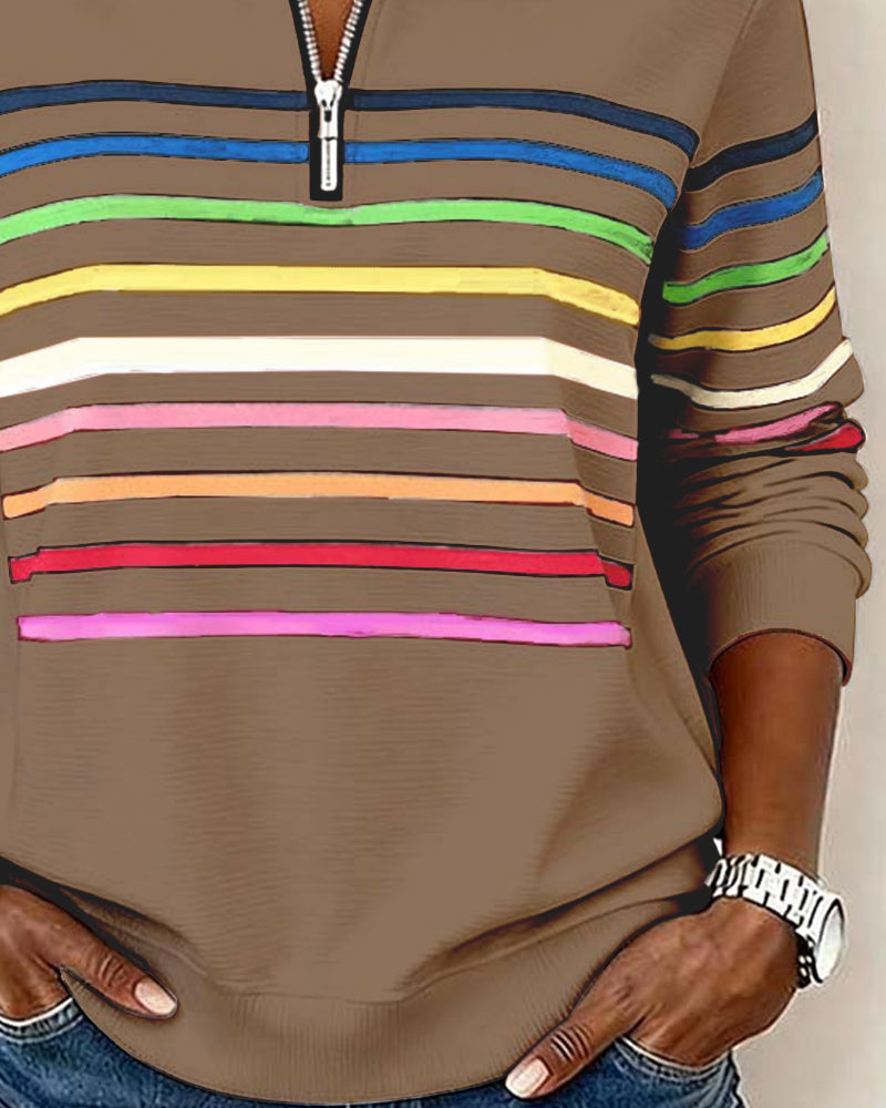 Felpa con mezza zip e strisce arcobaleno alla moda