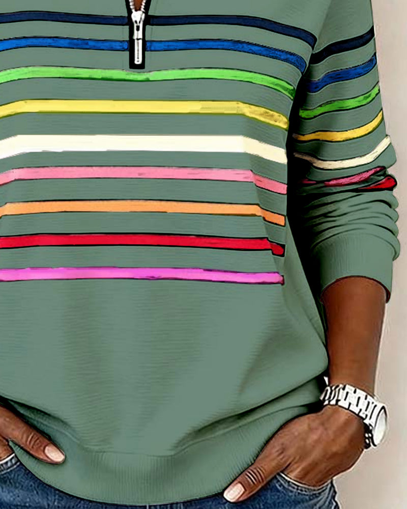 Felpa con mezza zip e strisce arcobaleno alla moda