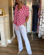 Top casual stampato a maniche corte e scollo a V