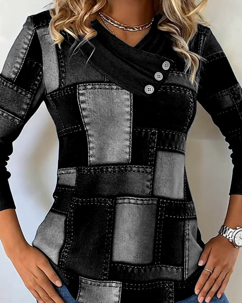 Maglia a maniche lunghe con scollo a V e contrasto in tinta unita