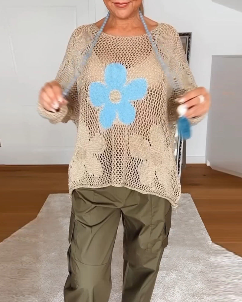 Maglione traforato a maniche lunghe e girocollo, vestibilità morbida, motivo floreale