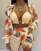 Completo bikini tre pezzi con camicia a maniche a sbuffo