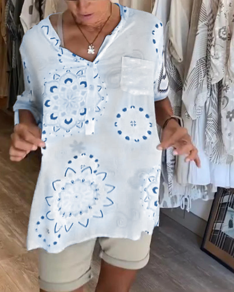 Camicetta Versatile con Stampa Scollo a V Maniche a Metà
