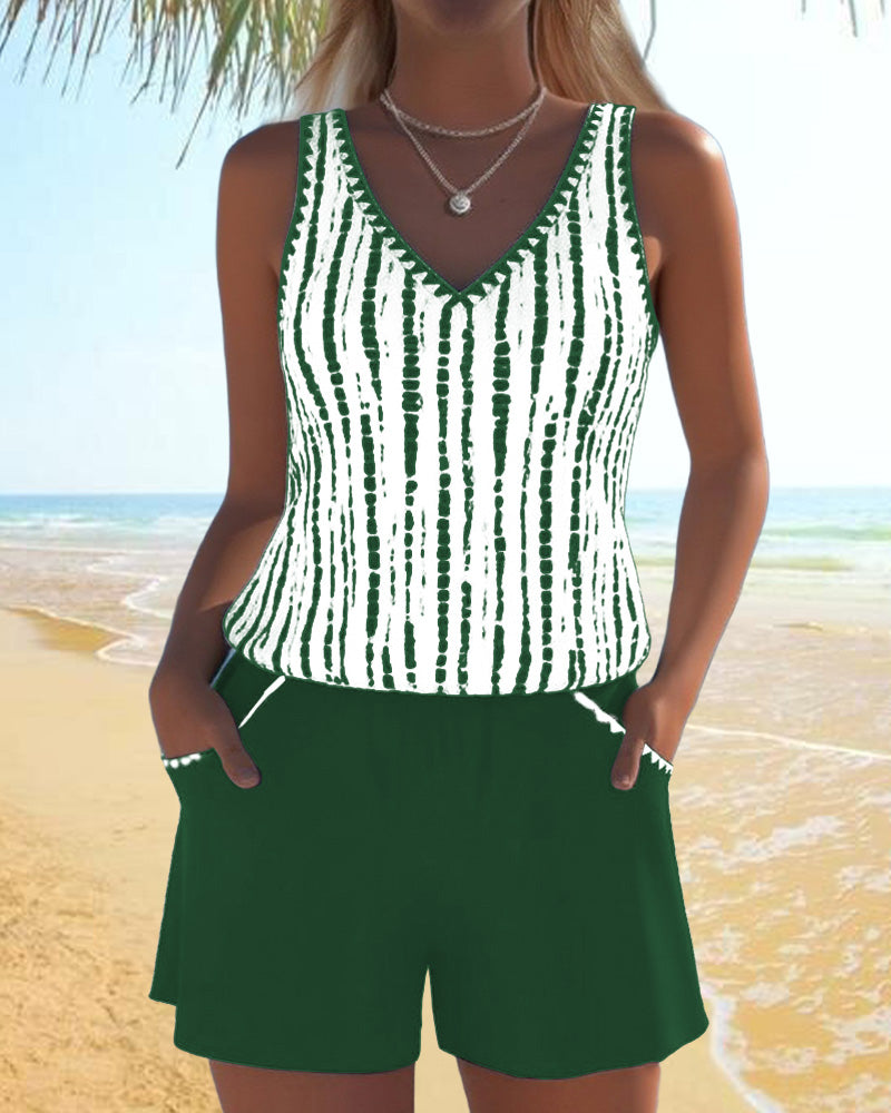 Costume da bagno casual a due pezzi con scollo a V e stampa a tasche