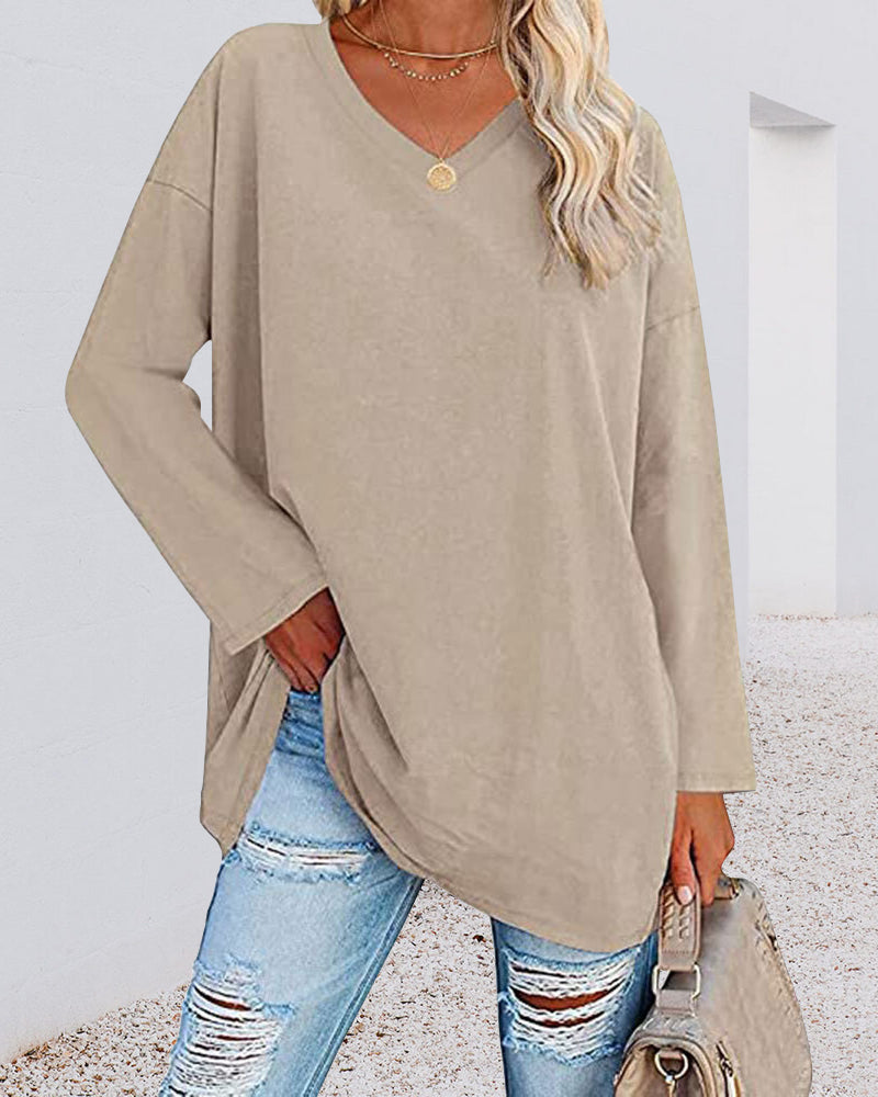 T-shirt donna tinta unita scollo a V maniche lunghe