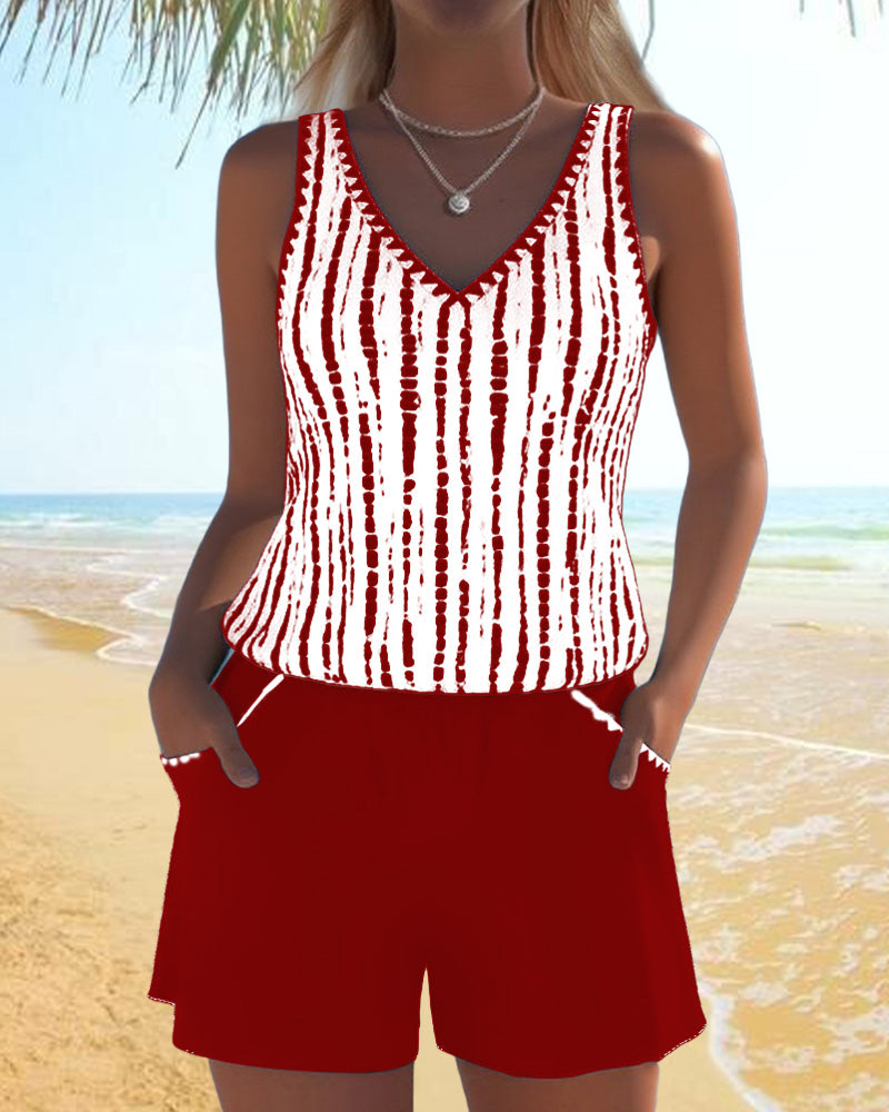 Costume da bagno casual a due pezzi con scollo a V e stampa a tasche
