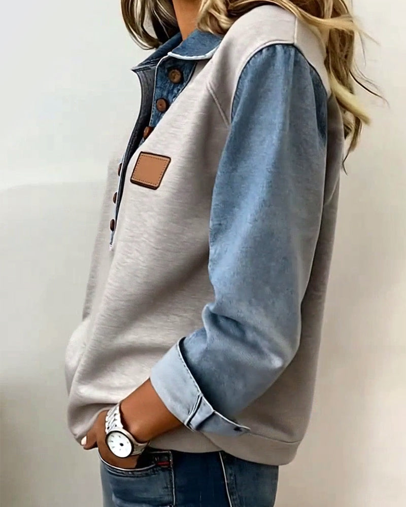 Elegante felpa con patchwork in denim a maniche lunghe