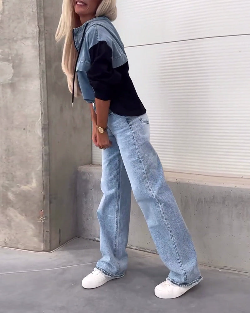 Felpa con cappuccio e zip in denim patchwork casual