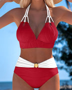 Costume da bagno a doppia bretella a vita alta a colori a contrasto