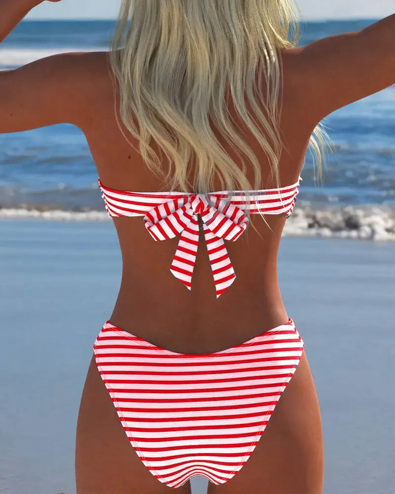 Costume da bagno a vita alta a righe triangolo due pezzi