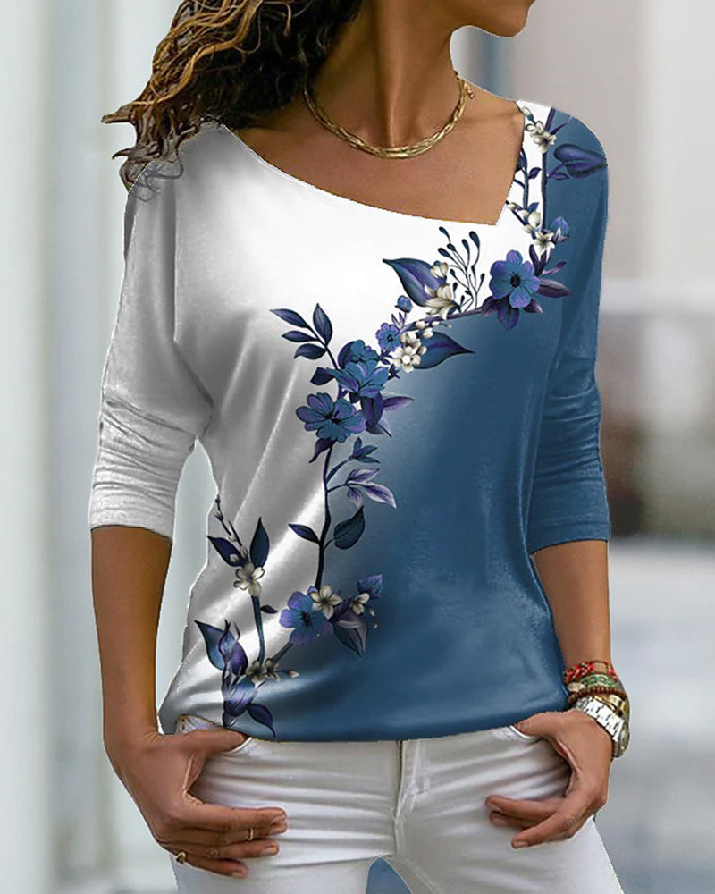 Top a maniche lunghe con scollo a V a stampa floreale