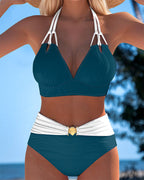 Costume da bagno a doppia bretella a vita alta a colori a contrasto