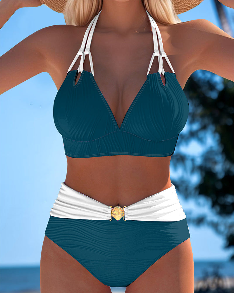Costume da bagno a doppia bretella a vita alta a colori a contrasto