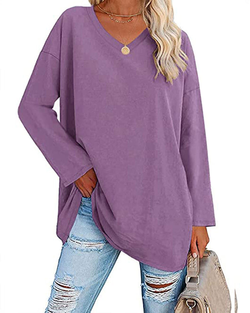 T-shirt donna tinta unita scollo a V maniche lunghe