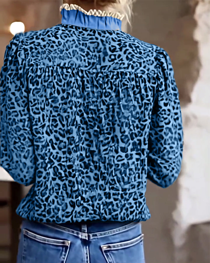 Camicetta casual a maniche lunghe con stampa leopardata