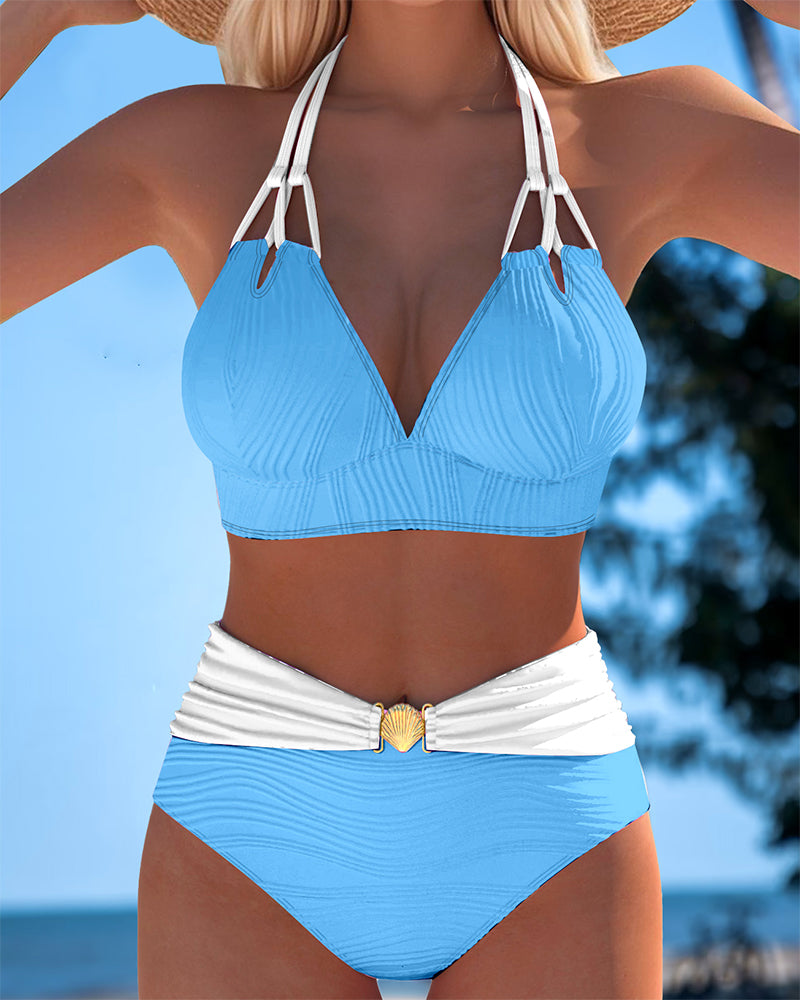 Costume da bagno a doppia bretella a vita alta a colori a contrasto