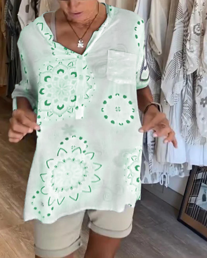 Camicetta Versatile con Stampa Scollo a V Maniche a Metà