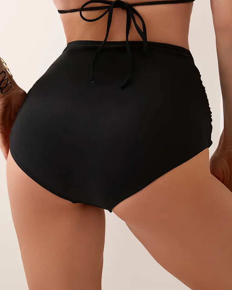 Costume da Bagno Inferiore Plissettato Tinta Unita Vita Alta