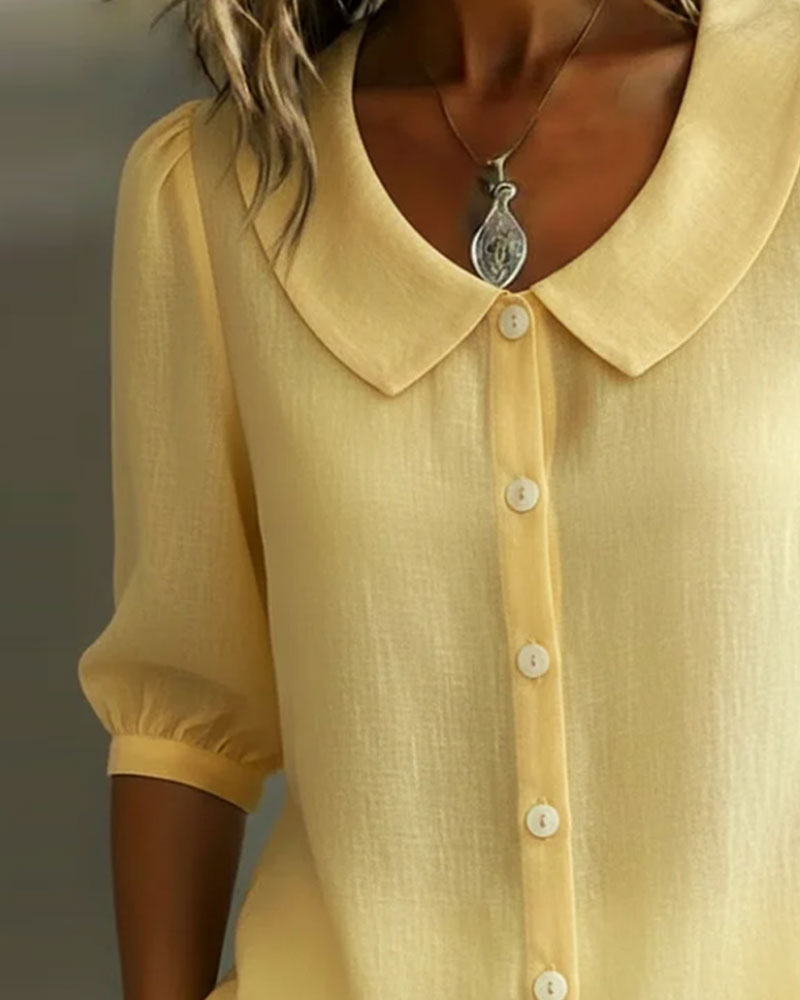 Camicia in cotone a maniche medie con colletto Peter Pan