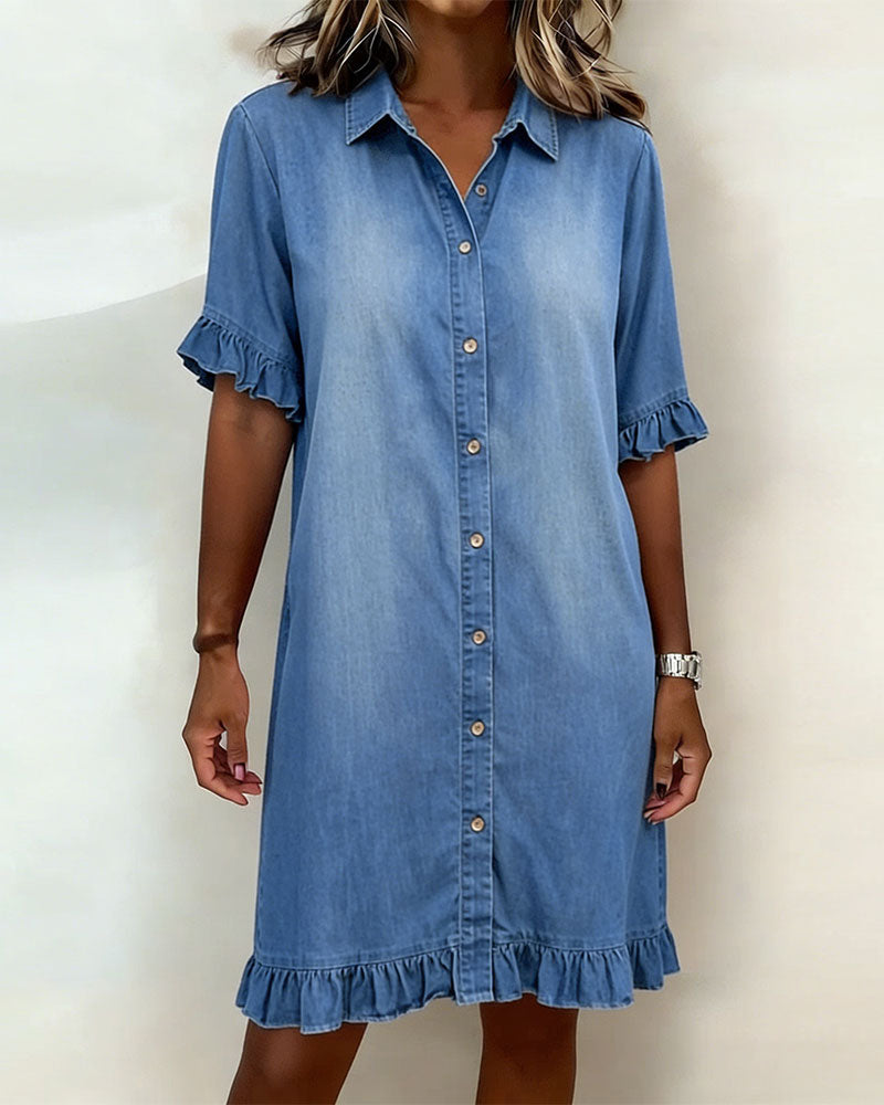 Abito a camicia in denim con volant
