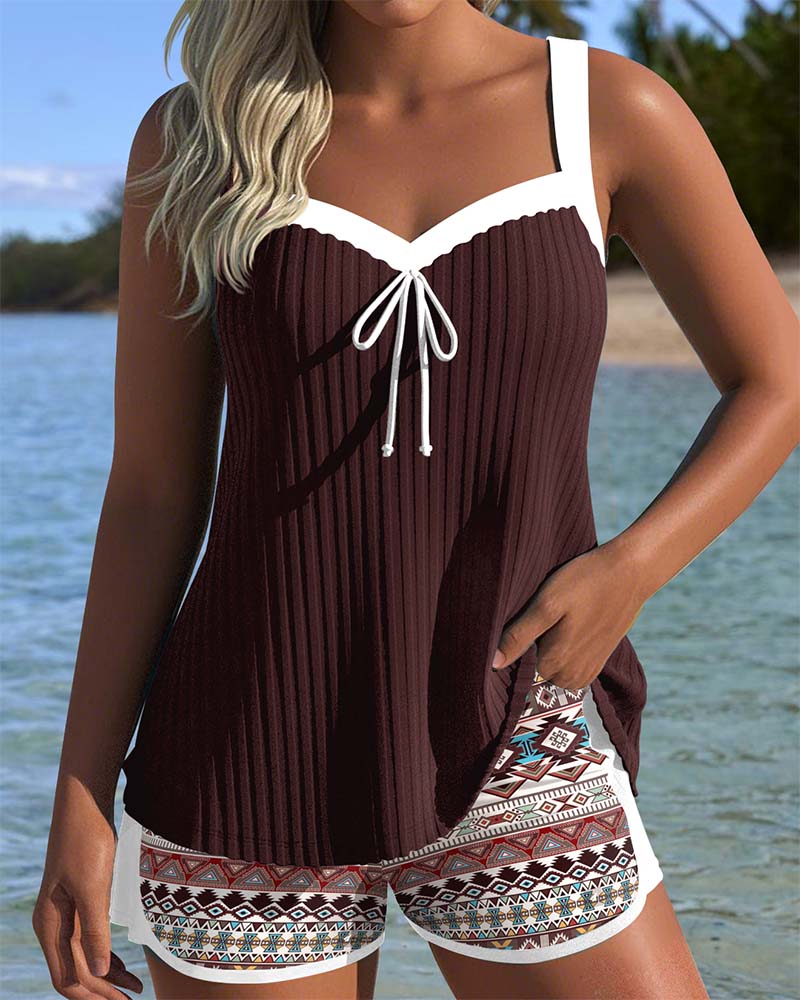 Tankini A Costine Short Da Spiaggia Stampato Boxer