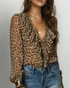 Camicetta A Balze Con Scollo A V E Stampa Leopardata