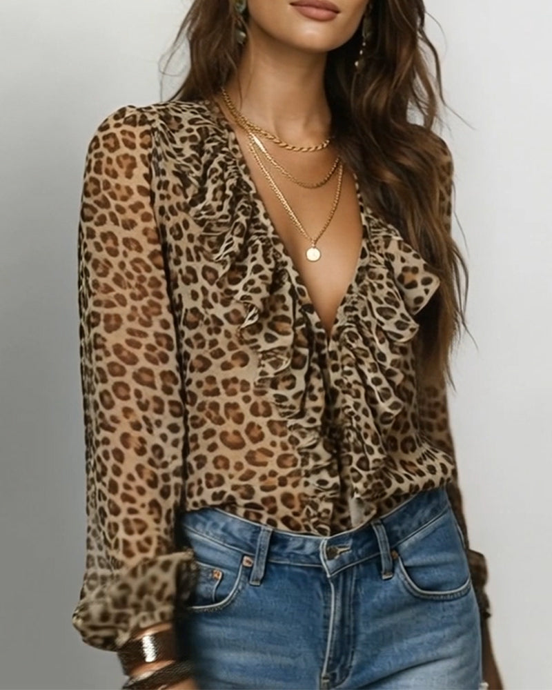Camicetta A Balze Con Scollo A V E Stampa Leopardata