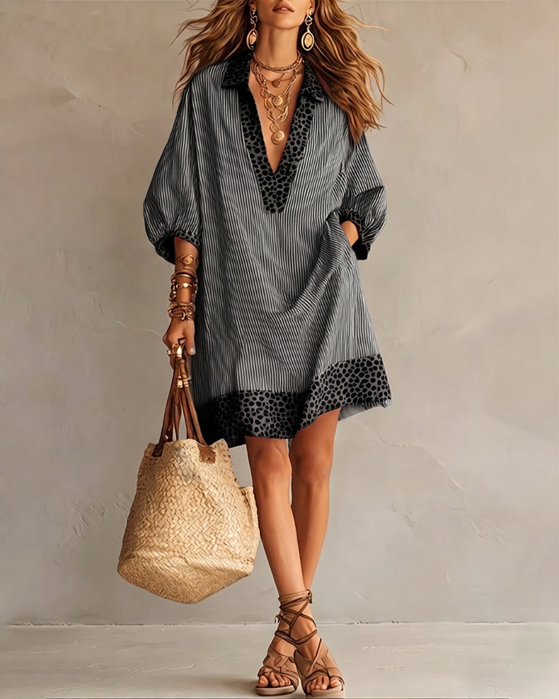Vestito con Pannello Stampa Leopardata Manica a Sbuffo Camicia a Righe