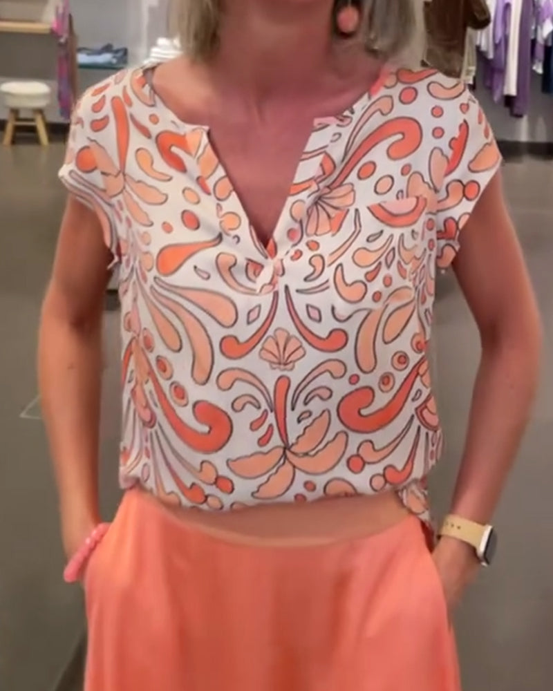 Camicetta casual stampata con scollo a V e maniche raglan