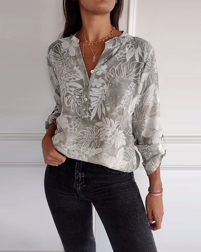 Top stampato foglie con paillettes patchwork