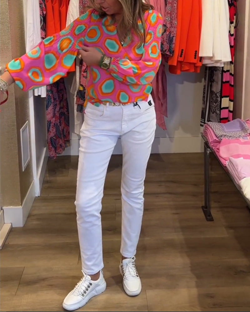 Blusa casual a maniche lunghe con stampa geometrica