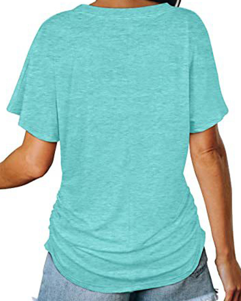 T-shirt Plissé Monocromatico con Scollo a V