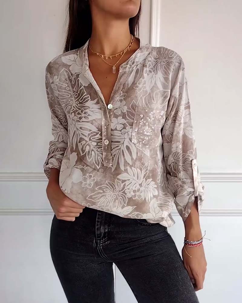 Top stampato foglie con paillettes patchwork