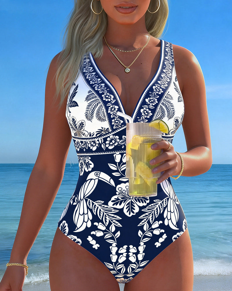 Costume intero con fiori e uccelli tropicali