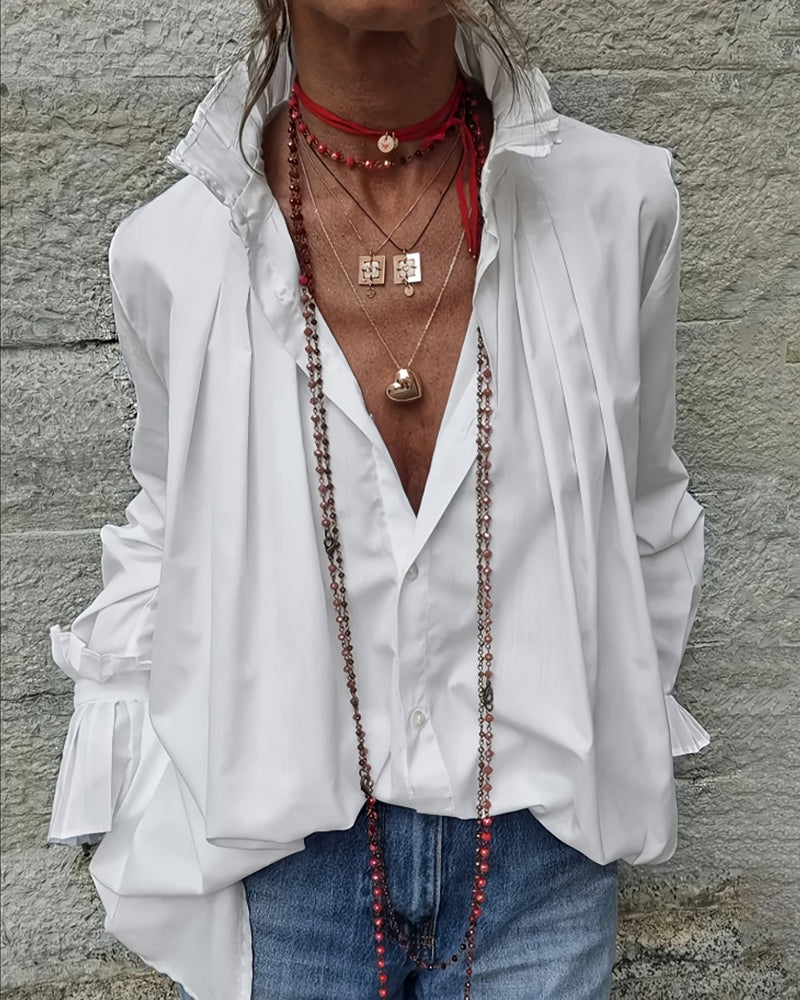 Camicia plissettata con collo alla coreana, design di moda