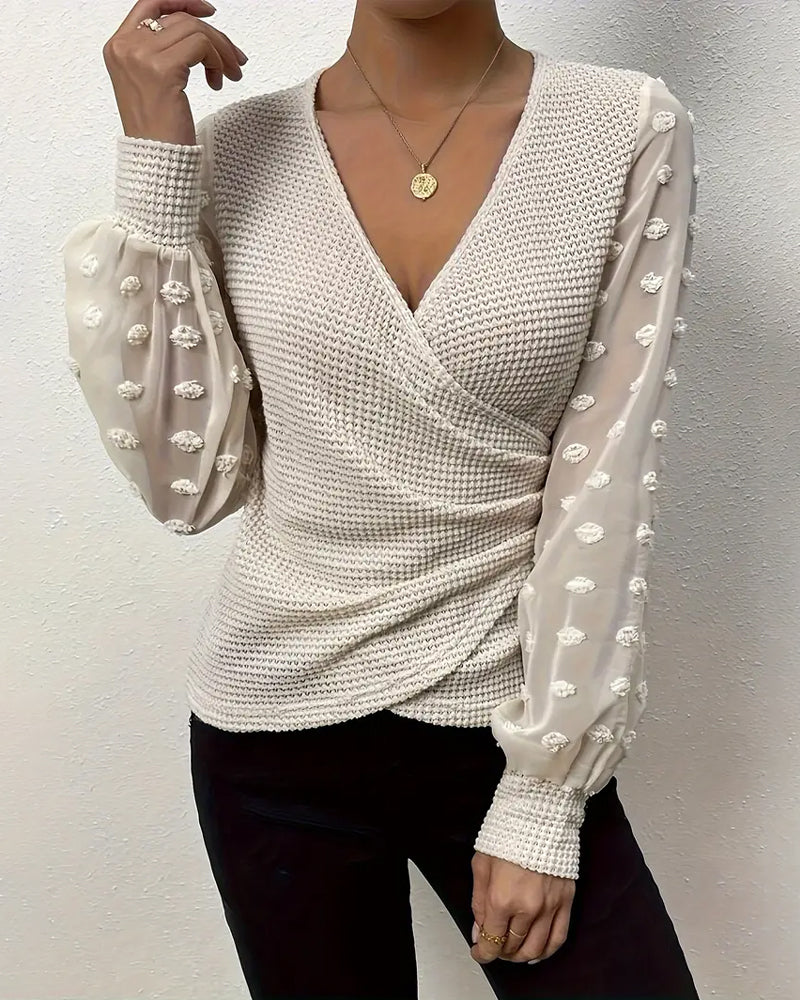 Maglia Scollo a V con Pieghe e Maniche Lunghe
