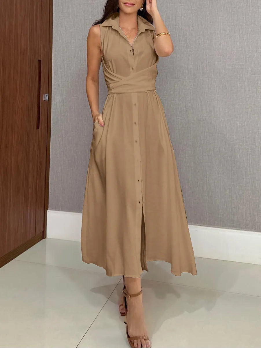 Vestito midi monopetto a camicia con cravatta